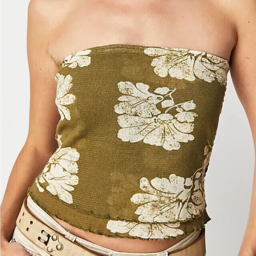 NWT FREE PEOPLE Poppy Smocked Tropical Tube Top Boho Green Olive Size L